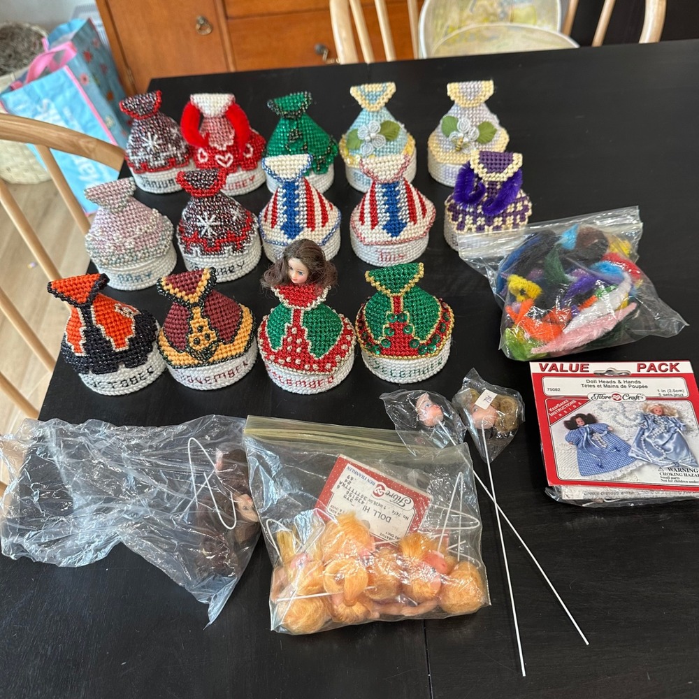 VTG Plastic Canvas Birth Month Doll Lot 14 Bases Fibre Craft Heads Hands Kitsch